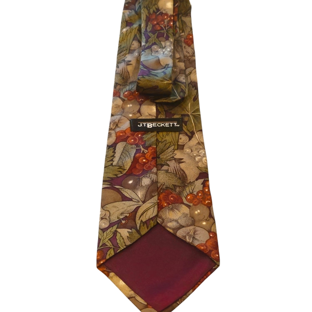 JT BECJETT Floral Patterned Men's Tie Vintage 80s 100% Silk Green Orange, Purple - Picture 2 of 6
